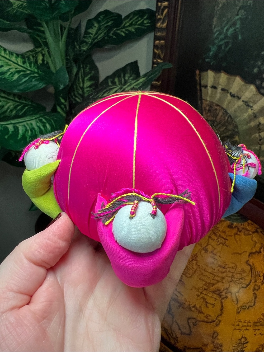 VTG Asian Chinese Colorful Silk Pin Cushion Pink Satin Children Figures
